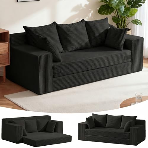Winzoo Convertible Sofa Bed, Pull Out 3 Seater Sleeper Sofa, 70" Black Boneless Couch Fold Out Floor Couch with 5 Pillows for Living Room Bedroom Lounge Small Space