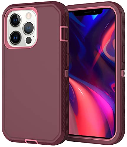 Annymall Compatible with iPhone 13 Pro Max Case with Screen Protector, Full Body Heavy Duty Shockproof Phone Case Triple Layer Durable Defender Protective Cover for iPhone 13 Pro Max (Wine/Pink)