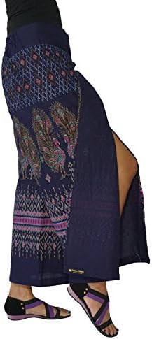 phikunthong Women's Thai Pants Free Size Navy Blue With The Peacock Lovers Printed