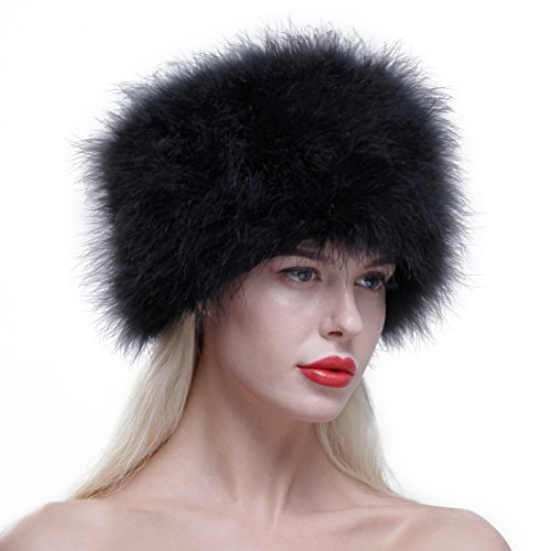 URSFUR Women Winter Cap Genuine Ostrich Feather Pill Box Hat Black