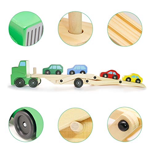 GEDIAO Wooden Car Toys for Toddlers, Car Carrier Truck Set Include 1 Truck and 4 Cars, 13.8" H x 6.7" W x 3.4" L