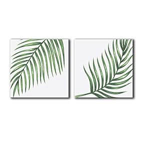 2 Panel Square Canvas Wall Art - Watercolor Style Tropical Green Leaves - Giclee Print Gallery Wrap Modern Home Art Ready to Hang - 12"x12" x 2 Panels