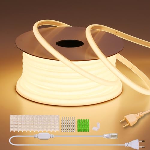BENLUN 220 V COB LED Strip Waterproof 30 m, 3000 K Warm White Flexible Cuttable LED Strip 300 W CRI 90+ Without Transformer, for Bedroom, Gaming, Office, Outdoor Pergola