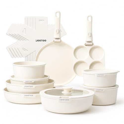 JEETEE 20-Piece Saucepan Set with Removable Handles, Non-Stick Cookware Set with 3 Pans, 3 Pots, Crepe Pan and Omelet Pan, Stackable, for Induction, White
