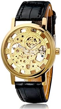 wwgy G8099 Round Dial Analog Display Manual Mechanical Movement Stylish Wrist Watch with Gold Plated Alloy Engraved Case, Faux Leather Strap