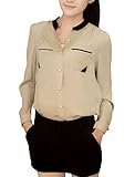 Allegra K Women's Stand Collar Button Closure Semi Sheer Chiffon Shirt XL Beige