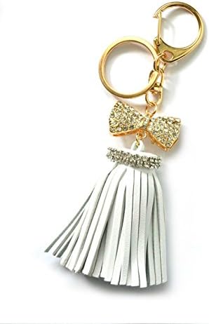 Gold Rhinestone Jeweled Bowtie Charm White Faux Leather Fringe Tassel Pendant Key Chain Gift Stocking Stuffer