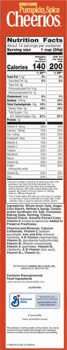 PUMPKIN SPICE CHEERIOS GLUTEN FREE BREAKFAST CEREAL, WHOLE GRAIN, FAMILY SIZE, 18.5 OZ