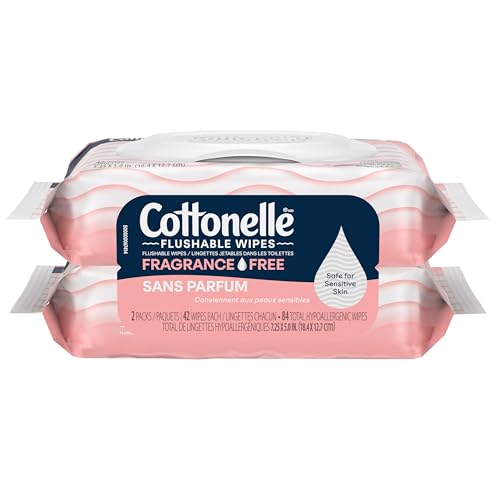 Cottonelle Fragrance Free Flushable Wet Wipes, Adult Wet Wipes, 2 Flip-Top Packs, 42 Wipes Per Pack (84 Total Flushable Wipes)