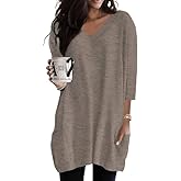 Poetsky Womens Tunic Tops for Leggings with Pockets Vneck 3/4 Length Sleeve Shirt Casual Long T-Shirts S-3XL