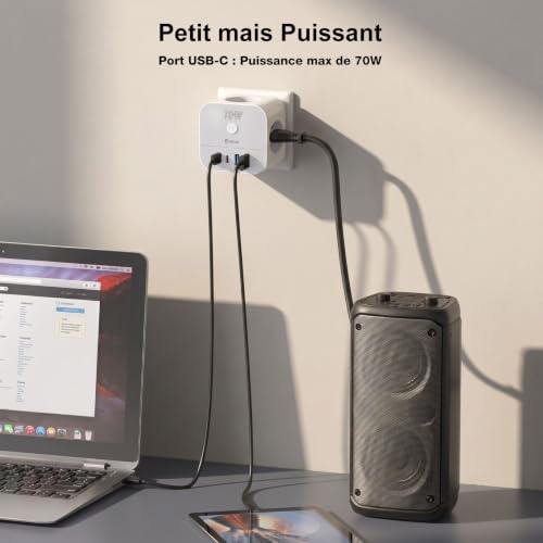 VEFVE Chargeur Rapide USB C 70W, Prise Multiprise Cube 7-en-1 avec Interrupteur, Technologie GaN III, Compatible Ordinateurs Portables, Tablettes et Smartphones