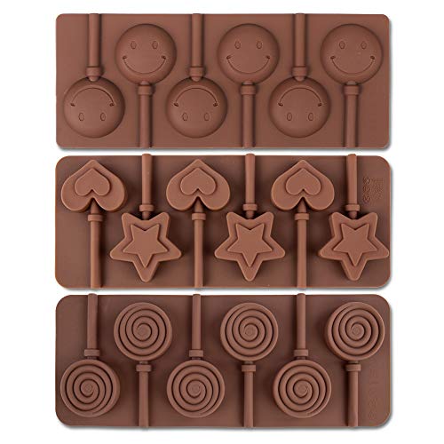 Cozihom 6 Cavity Silicone Lollipop Mold, Chocolate Mold, Typical Round, Stars & Hearts, Bowknots, Christmas, Smile Faces Shape, 5 PCS, and 130 PCS Lollipop Sticks.