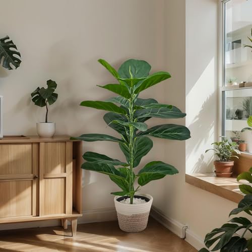 ORCHID M®Artificial Fiddle Leaf Fig Trees, Tropical Theme Artificial Ficus Lyrata Fake Potted Plant with Cotton Rope Baskets for Home Office Bedroom Decoration Gifts(82cm)