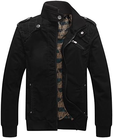 Earth Window Men's Casual Long Sleeve Full Zip Jacket with Shoulder Straps (Large,Black)