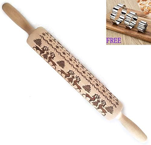 Christmas Embossing Rolling Pin,Flower,Animals,stars,Christmas Pattern Wooden Laser Engraved Embossed Printing Rolling Pin DIY Tool for Homemade Cookies.Free 3×Plum-shaped Mold (elk)