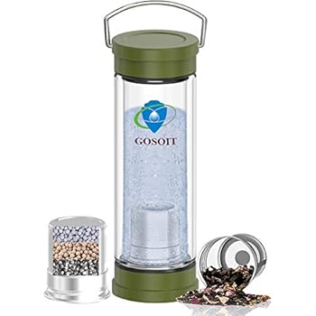 GOSOIT Hydrogen Alkaline Water Bottle with Tea Tumbler Infuser Double Wall Tea Bottle Glass Hydrogen Alkaline Water Maker Machine Make Hydrogen Content Up to 800-1200 PPB and PH of 7.5-9.0