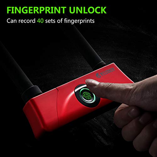 BILLCONCH Fingerprint U Bike Lockï¼ŒWaterproof Bike U-Lock with Cable, Duty U-Lock for Road Bike Mountain Bike Electric Bike Folding Bike, USB Charging (Red)