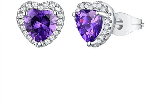 925 Sterling Silver Heart Shape Purple Cubic Zirconia Stud Earrings Jewelry