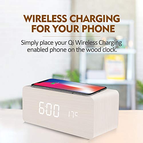 fomobest Wooden Alarm Clock with Wireless Charging for iPhone Samsung