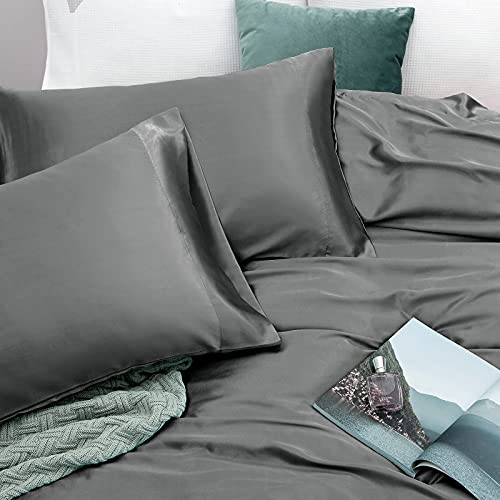 Vonty Satin Sheets Queen Size Silky Soft Satin Bed Sheets Grey Satin