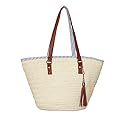 Sornean Summer Straw Beach Bag Handbags Shoulder Bag Tote,cotton lining,Top Leather Handle-Eco Friendly (Off white Medium)