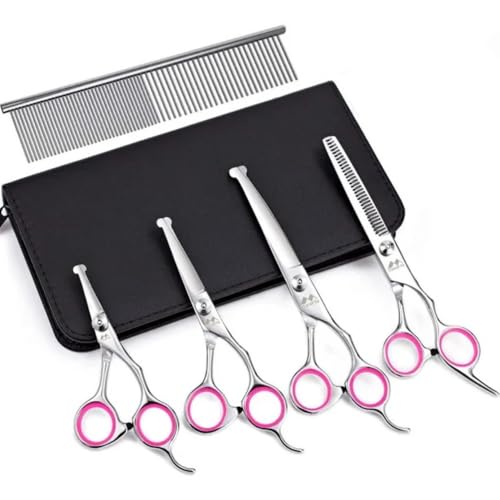 Kit Tesoura de Tosa para Cães e Gatos - Ponta Arredondada Segura para Pet - Tesoura de Tosa Ergonômica e Afiada de Aço Inox para Cortar Pelos de Animais - UpShop (Prata e Rosa)