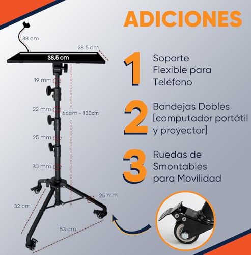 WEAGP Soporte para Proyector con Ruedas, Soporte para Proyector Tripode con Bandeja para Ratón, Porta Celular y Bandeja de Almacenamiento, Soporte Trípode Proyector para Oficina Hogar Estudio