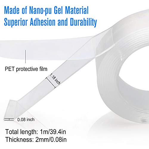 Nano Double Sided Tape, Magic Removable Gel Grip Tape, Multipurpose Wall Mounting Tape, Washable Strong Sticky Transparent Tape for Photo Poster Home/Office Fix Carpet Mats (Clear, 3.28FT/1M)