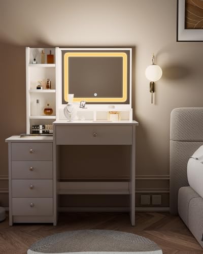 Vanity Desk, Makeup Table with Mirror and Lights, 90cm White Dressing Table, Five Drawers