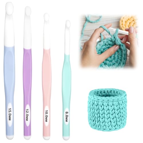 12mm Crochet Hook 4 Pieces Large Size 8mm 10mm 12mm 15mm Rubber Handle Crochet Needles Set, Plastic Chunky Yarn Weaving Knitting Ergonomic Crocheting Hooks Tool for Blankets, Shawls, Carpet Crafts