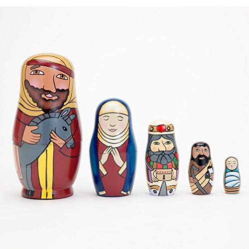 Bits and Pieces - 5pc Nesting Doll Holy Family -The Nativity Family Hand Painted Hand Made Wooden Nesting Dolls Matryoshka Nativity Figurines - Set of 5 Dolls from 5.5" Tall - Thumbnail 5