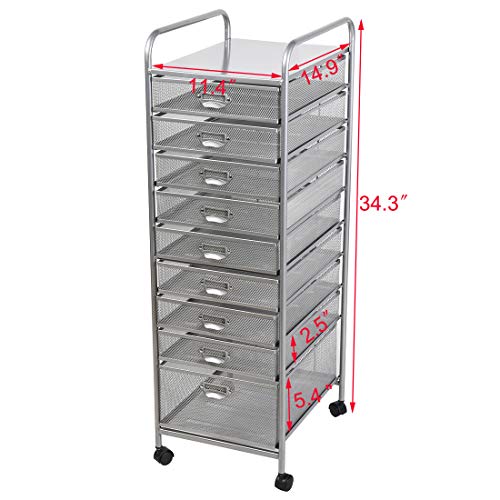Metal Mesh 9 Drawer Rolling Cart Storage Organizer File Basket Cart Office&Home Cabinet-Silver