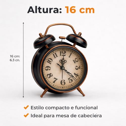 Relógio Despertador Retrô, Preto com Cobre, Estilo Vintage, Design Clássico, Ideal para Mesa de Cabeceira