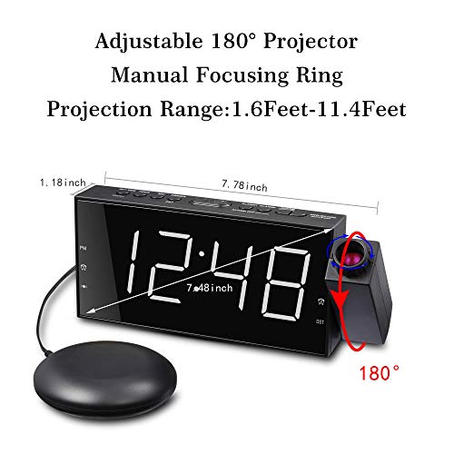 Loud Vibrating Projection Alarm Clock for Heavy Sleepers, Deaf & Hard