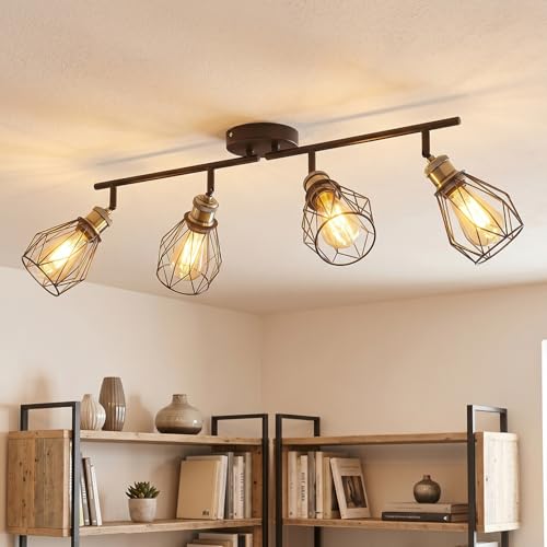 ANWIO Ceiling Lamp with 4 Bulbs, E27 Rotating Interior LED Spotlights, Black Ceiling Lamps, Wall Spotlight for Indoor Lighting for Bedroom, Hallway, Kitchen (No Bulb)