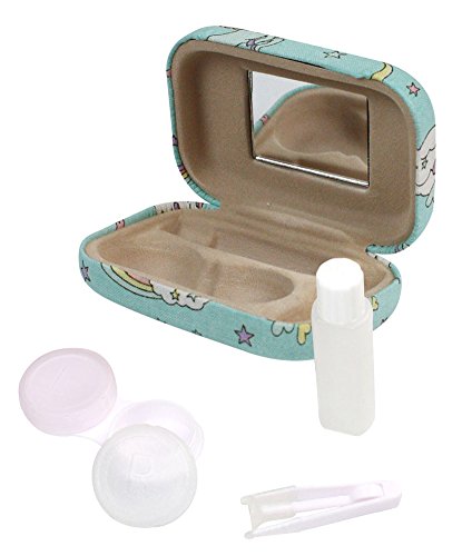 JE Unicorn and Rainbow Pattern Blue Fabric Wrapped Contact Lens Case Travel Kit with Mirror, Tweezer, Solution Bottle