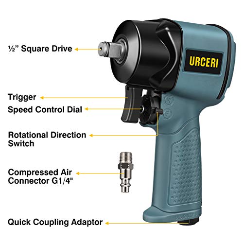 URCERI Impact Wrench Air 1/2" Super Duty Pneumatic Tool Power Composite Impact Wrench, High Torque, Square Drive, 10Pcs Driver Impact Sockets
