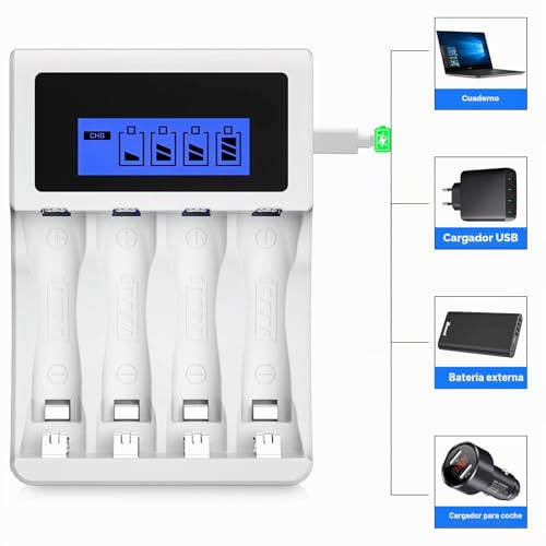 BONAI LCD Charger AA AAA Ni-MH Rechargeable Batteries, 4 Independent Slots, Universal Battery Charger with LCD Display (USB Port)