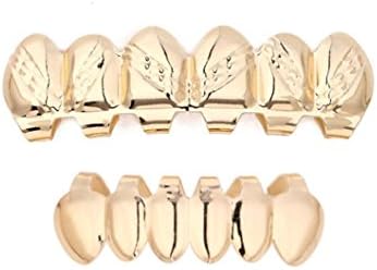 Grillz Teeth Set, New Custom Fit Hip Hop Teeth Top &amp; Bottom Plated Removable Vampire Caps (Gold)
