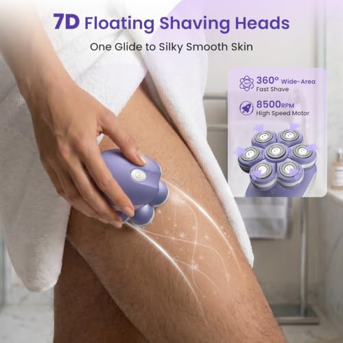 VIKICON Women's Electric Shaver 7D, USB Rechargeable Women's Shaver, Body Shaver for Legs and Body, Floating Head, Dry/Wet, LED Light, Compact for Travel, Purple