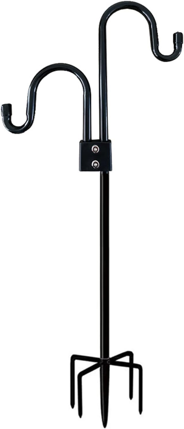 Outdoor Shepherd's Hooks - EAGLES 76 Inch Double Shepherds Hook/Bird Feeder Pole, Heavy Duty Garden Hook for String Light,Height Adjustable with 5 Prong Base for Plant Hanger Wedding Decor Wind Chimes,Black(1 Pack)