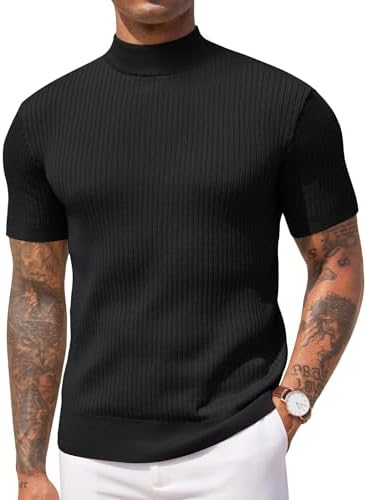 Men's Fashion Shirts Short Sleeve Mock Turtleneck T-Shirts Casual
