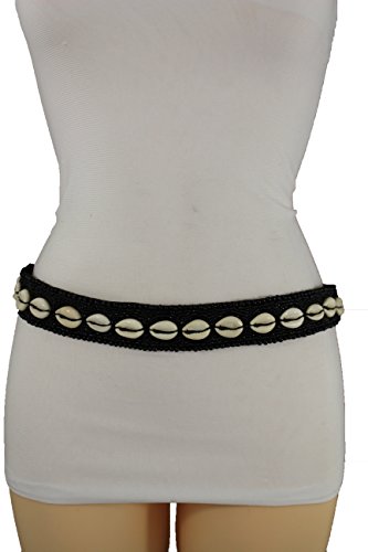 TFJ Women Fashion Tie Belt Hip Waist Fabric Beads White Sea Shells S M Black