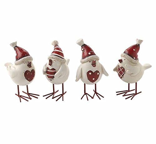 Shabby Chic Resin Bird Figurines with Hat and Christmas Heart Red Set of 4