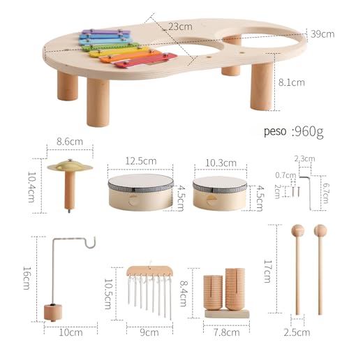 Conjunto de Instrumentos 5 em 1 (Incluindo Pratos), Conjunto de Instrumentos de Percussão, Conjunto de Tambor de Madeira, Kit Musical de Mesa de Madeira Premium, Xilofone