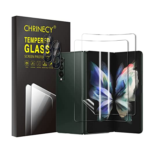 2 Pièces Protection écran Souple + 2 Pièces Arrière Caméra Verre Trempé Protecteur pour Samsung Galaxy Z Fold 3 5G, TPU Flexible Film Haute Sensibilité Tactile Protection
