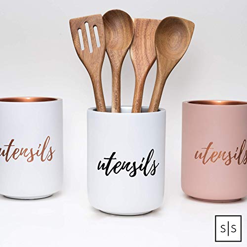 Cement, White Utensil Holder, Cooking Utensil Holder for Kitchen - Modern Farmhouse Canisters