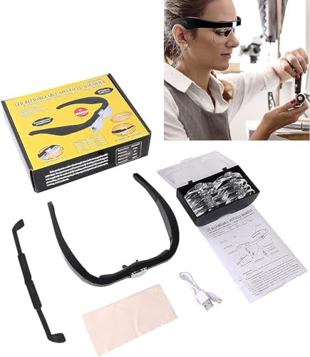 Magnifying Lens with LED Light for Hobbist Reading, Usb Rechargeable Eyeglasses Head-Mounted Magnification 5 x 3.5 x 2.5 x 1.5 x Professional for Elderly Visually Impaired Hands Free