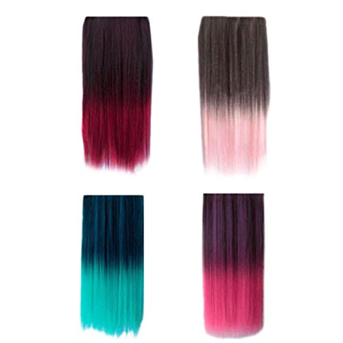 DEESEE Women Ombre Dip-dye Wig Color Clip Hair Extension Straight Cosplay wig