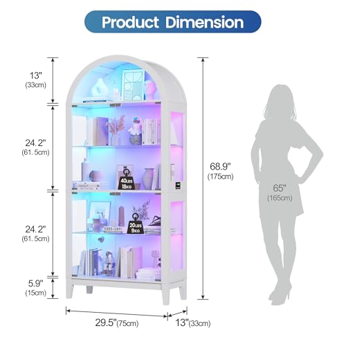 Arched 5-Tier Display Cabinet with RGB Lighting & Motion Sensor, 175 cm Tall Glass DIsplay Case with Doors for Living Room, Bedroom, Home Office, Displaying Books and Decor, White